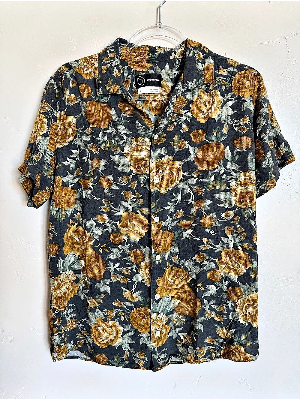 Original Use Short Sleeve Floral Button-Down Shirt Gray & Brown Small